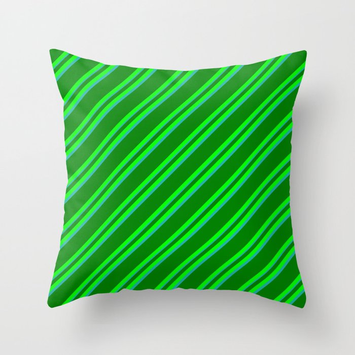 Green, Lime, and Light Sea Green Colored Lined Pattern Throw Pillow