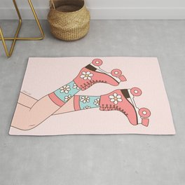 Girl in Vintage Roller Skates and Socks on Daisies in Pastel Mint and Blush Pink Color Rug