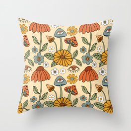 70s Psychedelic Mushrooms & Florals Throw Pillow