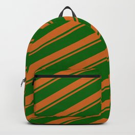 [ Thumbnail: Chocolate & Dark Green Colored Striped Pattern Backpack ]