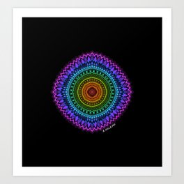 Rainbow Mandala - on black Art Print