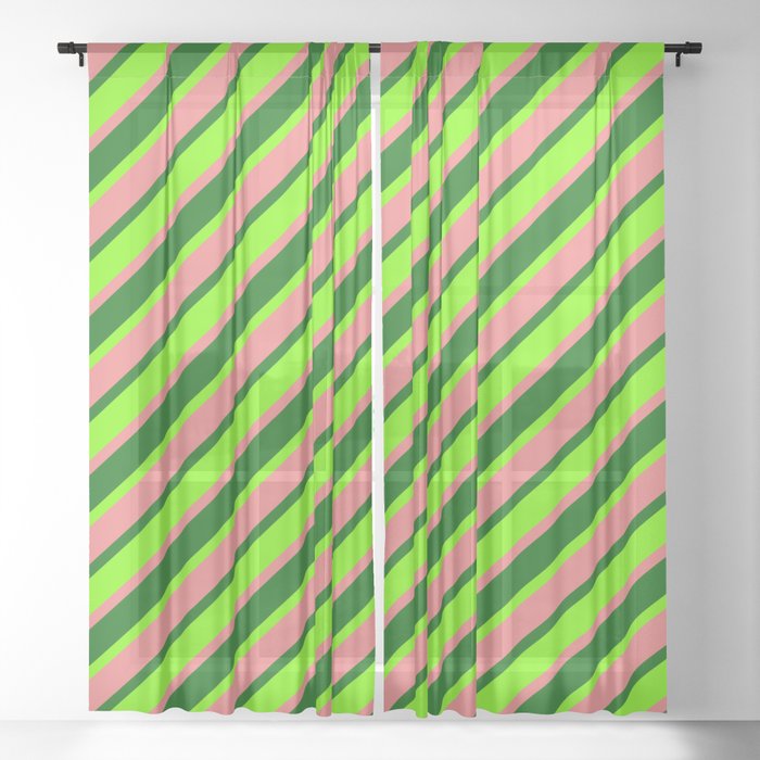 Dark Green, Green & Light Coral Colored Striped Pattern Sheer Curtain