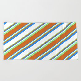 [ Thumbnail: Blue, White, Light Green, and Chocolate Colored Lined Pattern Beach Towel ]