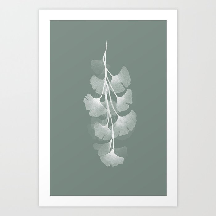 Abstract Watercolor Painting White Ginko Leaves - sage green 2 Art Print