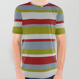 [ Thumbnail: Slate Gray, Green, Grey & Dark Red Colored Pattern of Stripes All Over Graphic Tee ]