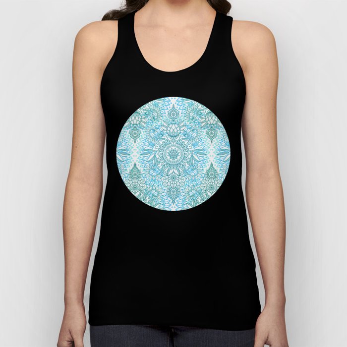 Turquoise Blue, Teal & White Protea Doodle Pattern Tank Top