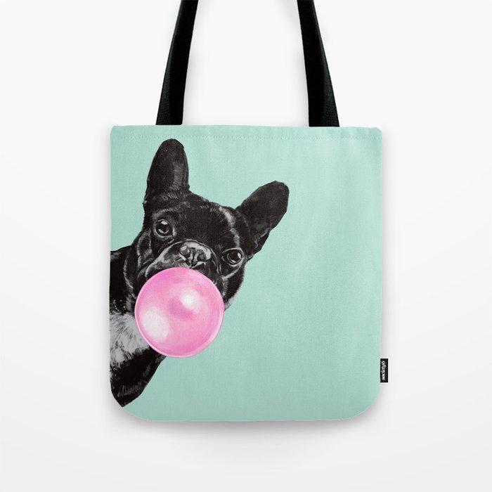 Bubble Gum Sneaky French Bulldog in Green Tote Bag