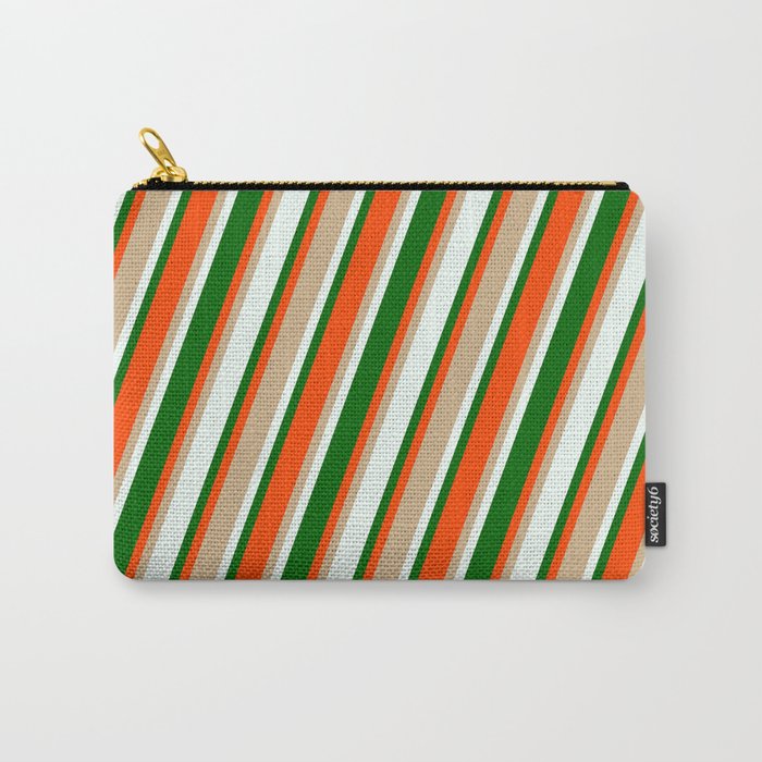 Tan, Mint Cream, Dark Green & Red Colored Stripes Pattern Carry-All Pouch
