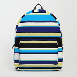 [ Thumbnail: Tan, Deep Sky Blue, Midnight Blue, Black & White Colored Lines Pattern Backpack ]