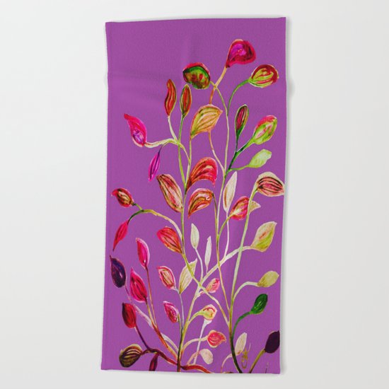 For Valentine's Day Enjoy Purple Plum, Red and Green Leaves! Beach Towel