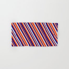 [ Thumbnail: Blue, Light Gray & Red Colored Lined Pattern Hand & Bath Towel ]