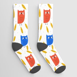 Autumn Orange and Blue Owl and Yellow Leaves on a White Background pattern Socks