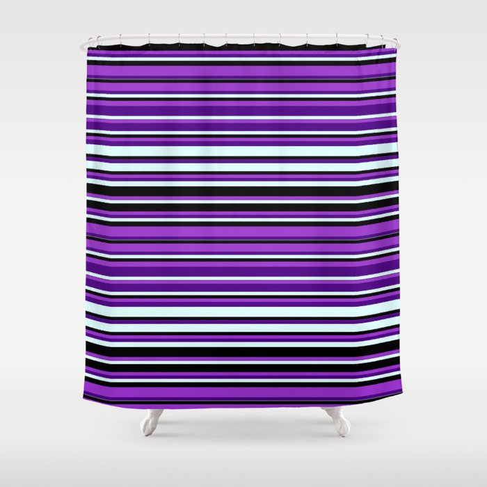Dark Orchid, Indigo, Light Cyan, and Black Colored Striped/Lined Pattern Shower Curtain
