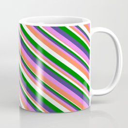 [ Thumbnail: Dark Slate Blue, Violet, Coral, White, and Green Colored Lined/Striped Pattern Coffee Mug ]