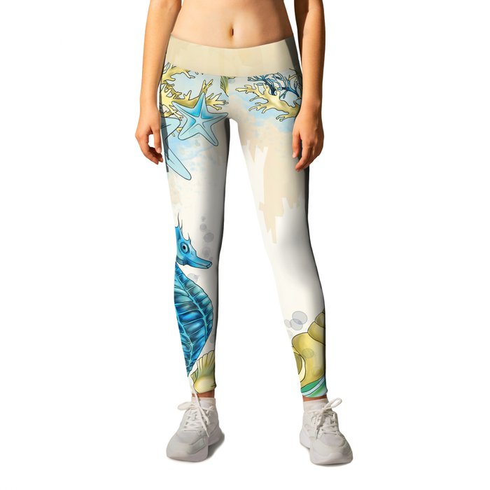 Blue Ocean life with Seahorses, Corals and Chells Leggings