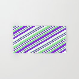 [ Thumbnail: Purple, Mint Cream & Light Green Colored Striped Pattern Hand & Bath Towel ]