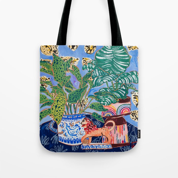 Cheetah and Lion House Plant Still Life Painting with Rainbow Tote Bag