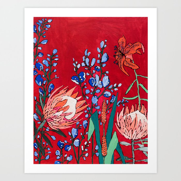 Red and Blue Floral with Peach Proteas Kunstdrucke Red and Blue Floral with Peach Proteas Kunstdrucke
