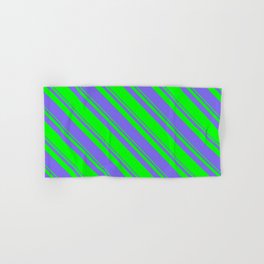 [ Thumbnail: Lime and Medium Slate Blue Colored Lined Pattern Hand & Bath Towel ]