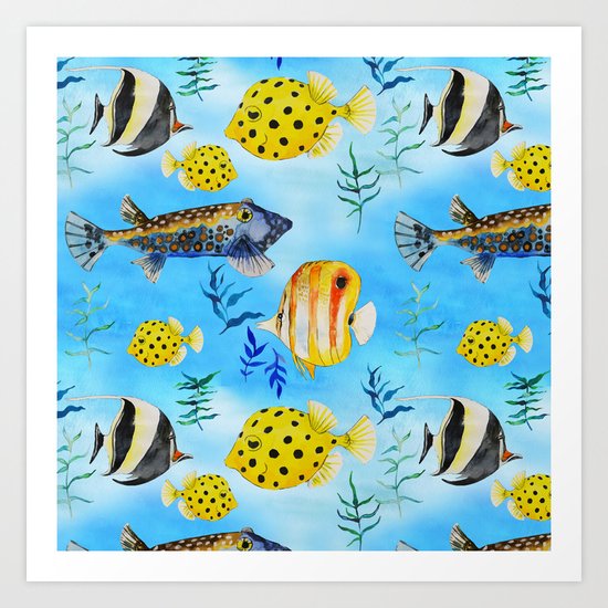 The deep sea-fishes in the sea- watercolor I Art Print