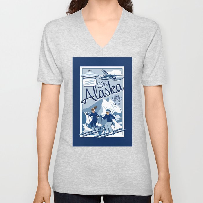 Vintage Style Ski Alaska Travel Poster // Skiing Adventure // Man and Woman Skiers // Navy, Slate, Blue, White V Neck T Shirt