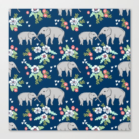 Elephants pattern navy blue with florals cute nursery baby animals lucky gifts Canvas Print