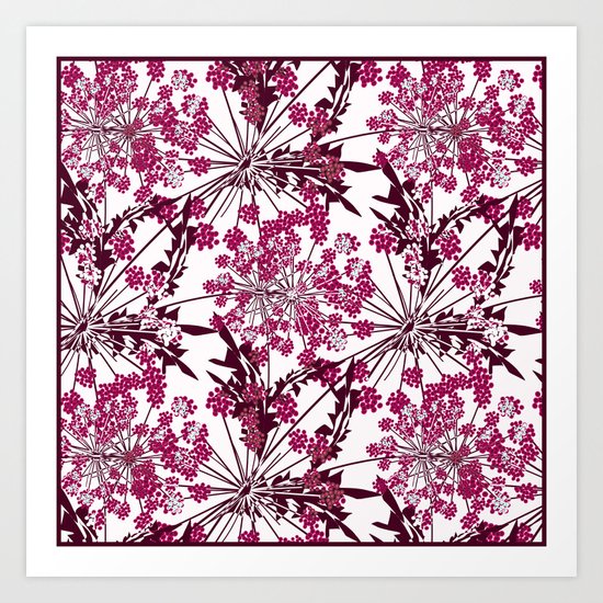 Laced crimson flowers on a white background. Art Print