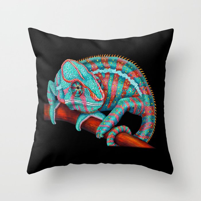 Panther Chameleon Turquoise Blue Coral Red Throw Pillow By