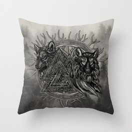 Valknut Symbol and Wolves Throw Pillow