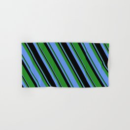 [ Thumbnail: Forest Green, Cornflower Blue & Black Colored Lines Pattern Hand & Bath Towel ]