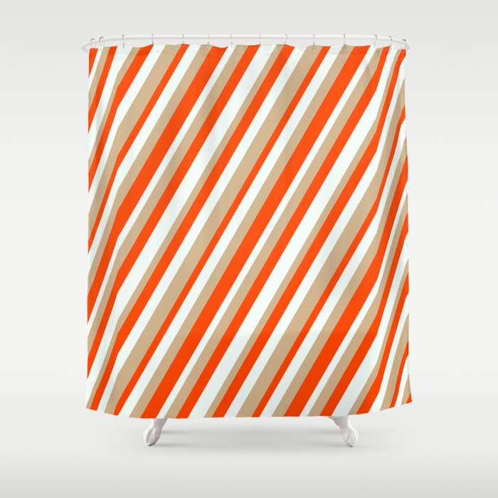 Red, Mint Cream, and Tan Colored Lines Pattern Shower Curtain