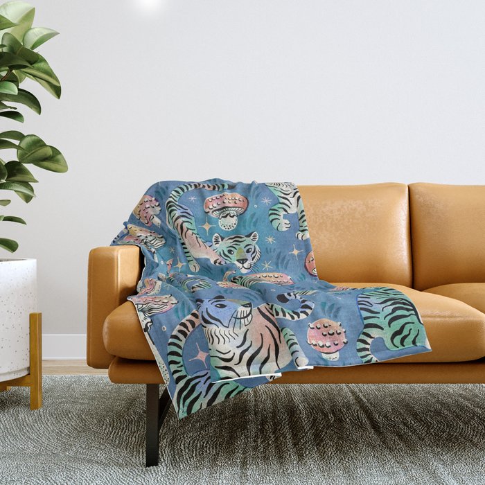 Tigers and Toadstools - Blue Throw Blanket