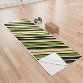 [ Thumbnail: Green, Tan & Black Colored Stripes/Lines Pattern Yoga Towel ]