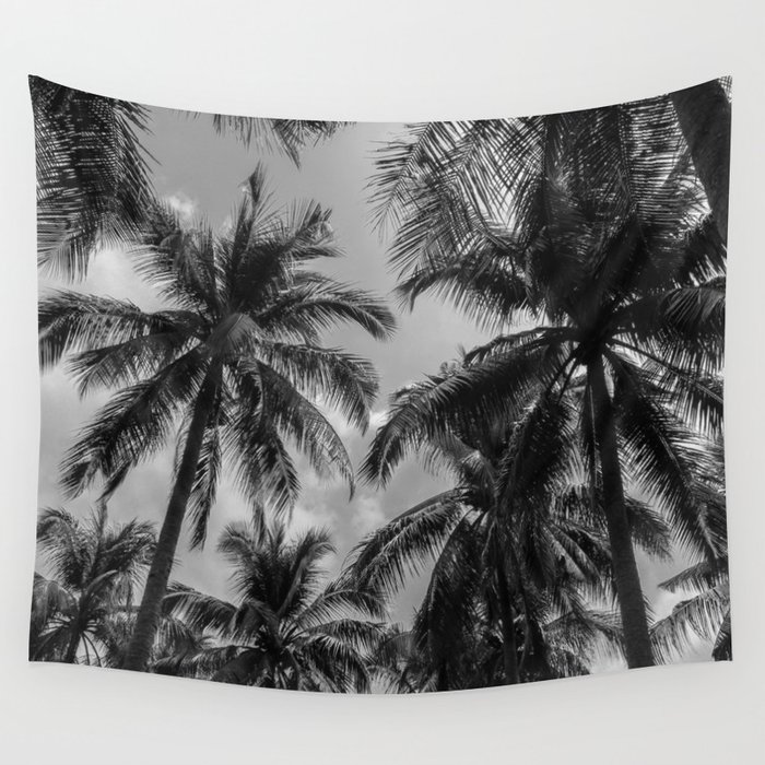 Tropical Jungle Palm Trees in Black and White Wall Tapestry