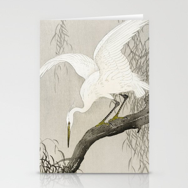 White Heron Sitting On A Tree Branch - Vintage Japanese Woodblock Print Art Stationery Cards