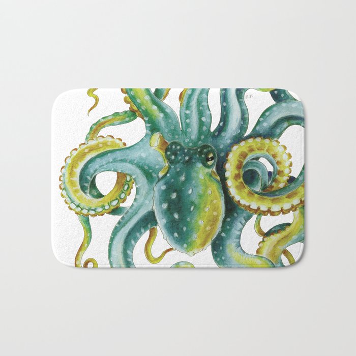 Octopus Tentacles Green Watercolor Art Bath Mat