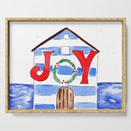 Whimsical Christmas Beach House Serving Tray | Blue, Beachhouse, Ocean, Seaside, Beach, Christmas, Whimsical, Stripes, Joy, Nautical 