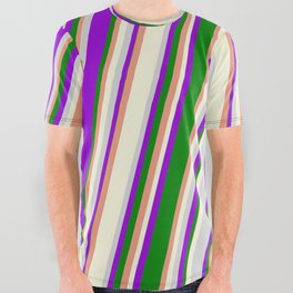 [ Thumbnail: Vibrant Dark Violet, Green, Dark Salmon, Beige, and Light Gray Colored Stripes/Lines Pattern All Over Graphic Tee ]
