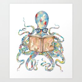 Octopus reading book watercolor  Art Print