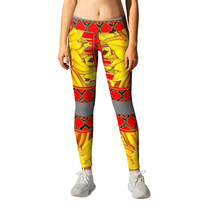 TEAL-RED ART & YELLOW SUNFLOWER CHARCOAL GREY DECO Leggings