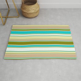 [ Thumbnail: Colorful Dark Turquoise, Pale Goldenrod, Green, Mint Cream & Tan Colored Lined/Striped Pattern Rug ]