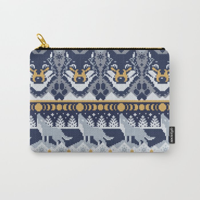 Fair isle knitting grey wolf // navy blue and grey wolves yellow moons and pine trees Carry-All Pouch