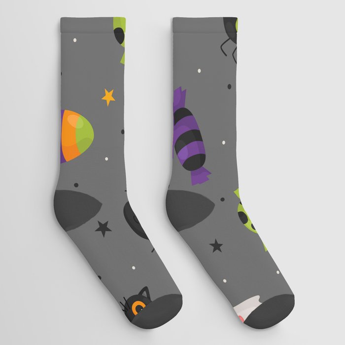 Halloween Seamless Pattern with Funny Spooky on Gray Background Socks