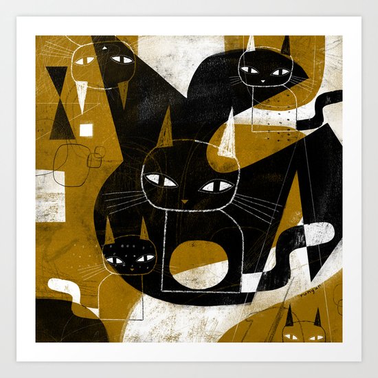 ABSTRACT WITH FIVE CATS Art Print