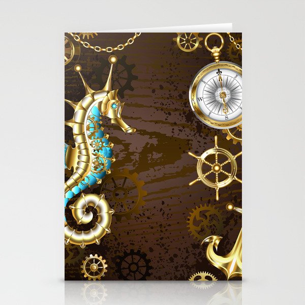 Wooden Background with Mechanical Seahorse ( Steampunk ) Stationery Cards