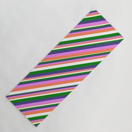 [ Thumbnail: Dark Slate Blue, Violet, Coral, White, and Green Colored Lined/Striped Pattern Yoga Mat ]