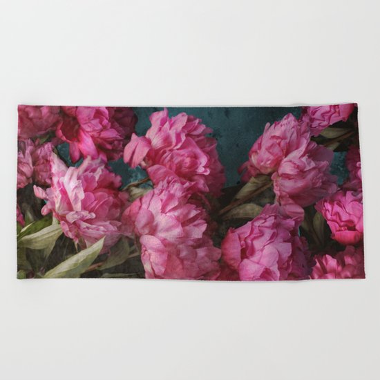 Peony Romance Teal Beach Towel