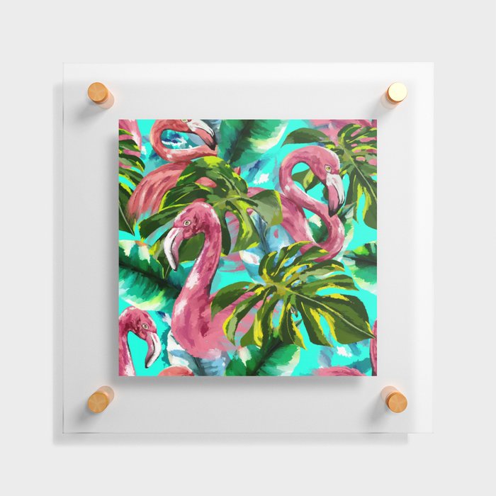 Floral colorful tropical flamingo pattern design in digital oleo effect  Floating Acrylic Print