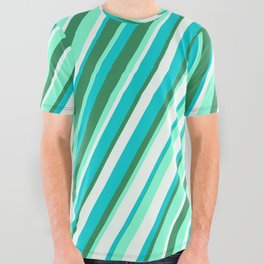 [ Thumbnail: Dark Turquoise, Sea Green, Aquamarine, and Mint Cream Colored Striped/Lined Pattern All Over Graphic Tee ]