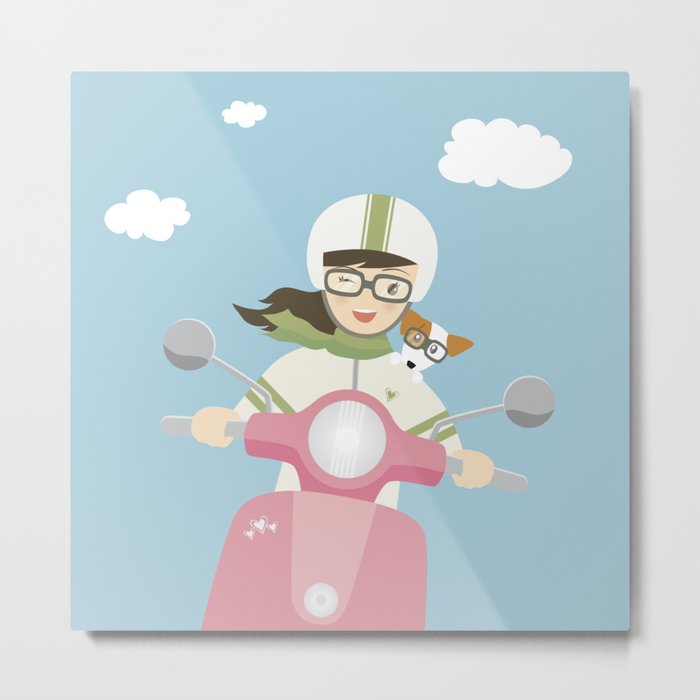 Scooter Girl with Dog Illustration Metal Print